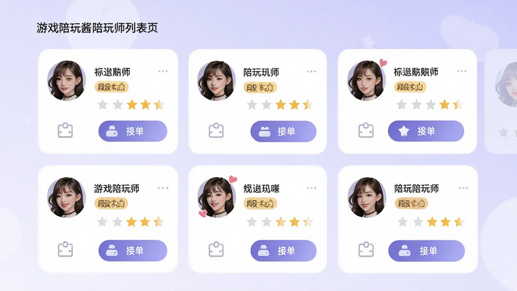 游戏陪玩酱陪玩师列表页面,画面中央展示多位陪玩师卡片,卡片包含头像、昵称、段位标签、评分星级与接单按钮,背景为浅紫色渐变,风格清新简约,细节丰富,画质高清,干净无多余元素