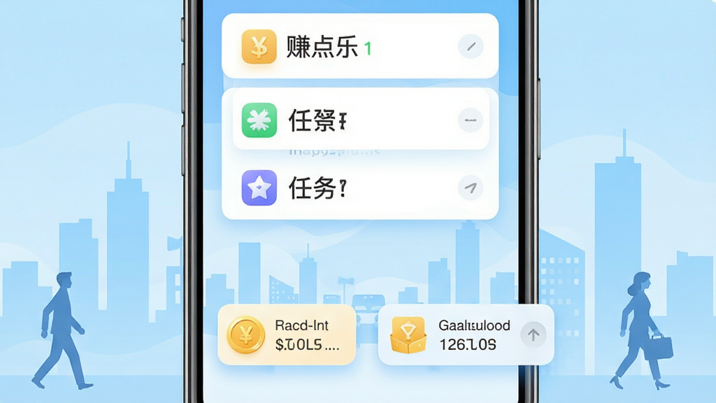 手机屏幕正中央展示“赚点乐”应用界面,顶部是任务列表卡片,下方有金币与零钱余额浮动图标,背景是浅蓝色渐变与城市通勤剪影,画面干净明亮,扁平化UI风格,细节清晰,画质高清,无多余元素