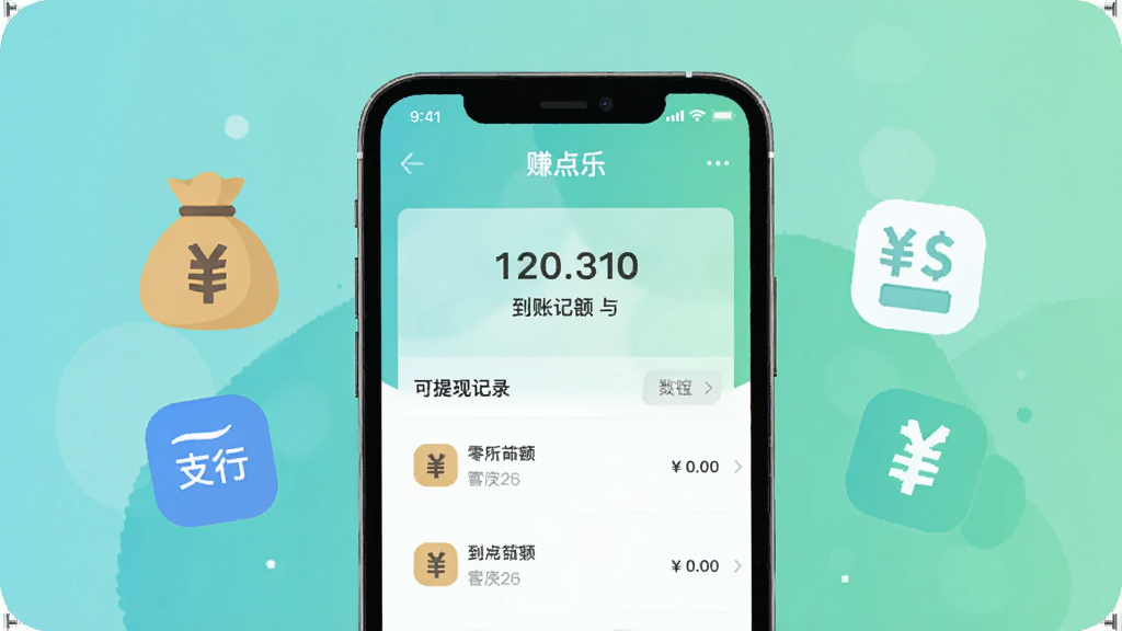 手机界面展示“赚点乐”提现页面,显示可提现金额与到账记录列表,旁边有零钱袋与支付图标元素,背景为柔和的青绿色渐变,扁平插画风格,布局简洁,画质清晰,干净无多余元素