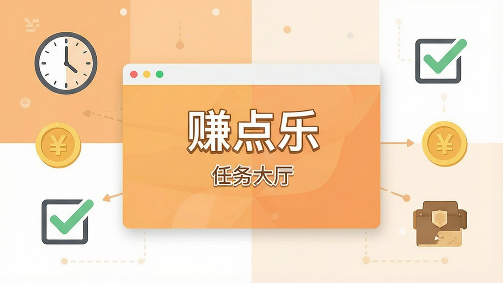 一张扁平化风格的信息图,画面中央是“赚点乐”任务大厅界面截图样式,周围环绕着时钟、金币、复选框等图标,背景为浅橙色与白色拼接,布局清晰,细节精致,画质高清,干净无多余元素
