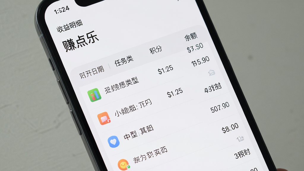 手机屏幕显示“赚点乐”收益明细列表,包含日期、任务类型、积分变动、余额等栏目,界面整洁,背景为浅灰色与白色,数据可视化小图标点缀,扁平化UI风格,画质清晰,干净无多余元素