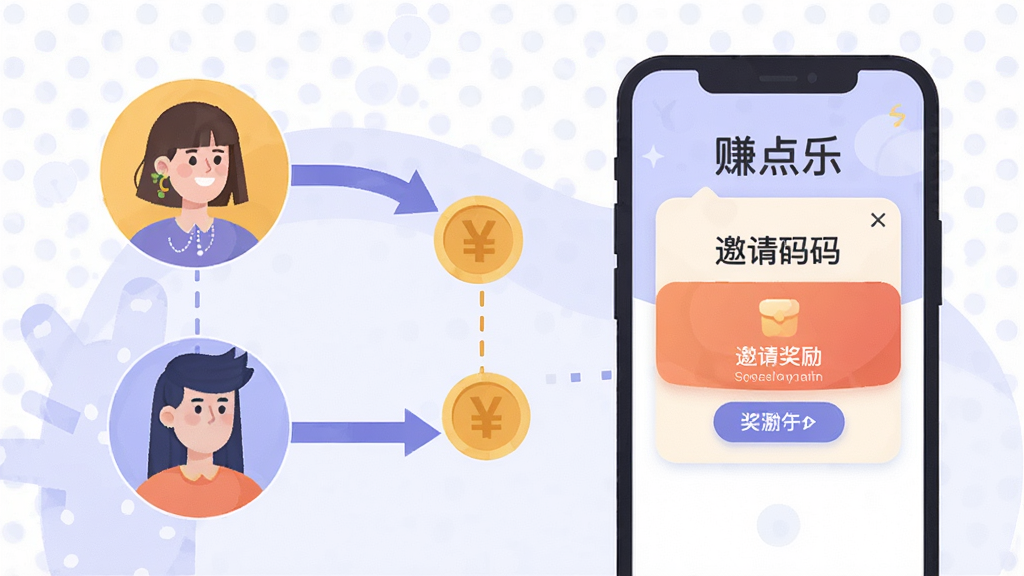 一张展示“赚点乐”邀请好友功能的插画,画面中有两个人物头像通过箭头与金币连接,手机屏幕显示邀请码与奖励弹窗,背景为淡紫色与白色,扁平化设计风格,细节丰富,画质高清,无多余元素