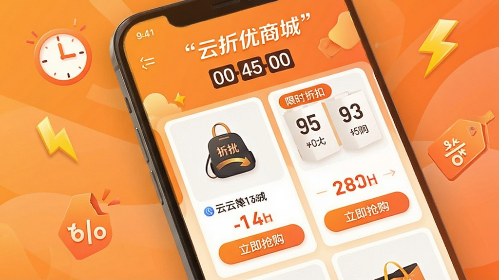 手机界面展示云折优商城的限时折扣专区,页面中有倒计时标签、商品卡片、价格对比和“立即抢购”按钮;背景为暖橙色渐变,点缀时钟、闪电、折扣图标;整体采用卡片式布局,风格活泼明快,画面中文字使用引号标注“云折优商城”;画质清晰,干净整洁,无多余元素