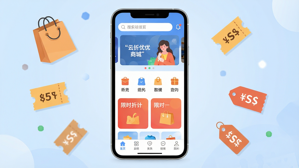 手机屏幕正中央展示云折优商城APP首页界面,页面顶部有搜索框和轮播图,中部为商品分类图标与限时折扣卡片,底部为导航栏;背景为淡蓝色渐变,周围点缀购物袋、优惠券、折扣标签等元素;整体采用扁平化UI风格,画面居中排版,细节清晰,文字使用引号标注“云折优商城”;画质高清,干净整洁,无多余元素