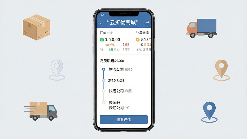 手机屏幕展示云折优商城的订单物流页面,页面中有订单列表、物流轨迹时间轴、快递公司名称和“查看详情”按钮;背景为浅灰色,点缀包裹、货车、定位图标;整体采用列表式排版,风格简洁商务,画面中文字使用引号标注“云折优商城”;画质高清,干净整洁,无多余元素
