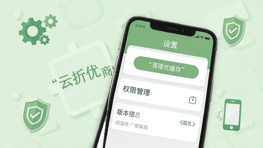 手机屏幕展示云折优商城的个人中心与设置页面,页面中有清理缓存按钮、权限管理入口、版本信息;背景为浅绿色,点缀齿轮、盾牌、手机图标;整体采用简洁列表排版,风格清新自然,画面中文字使用引号标注“云折优商城”;画质清晰,干净整洁,无多余元素