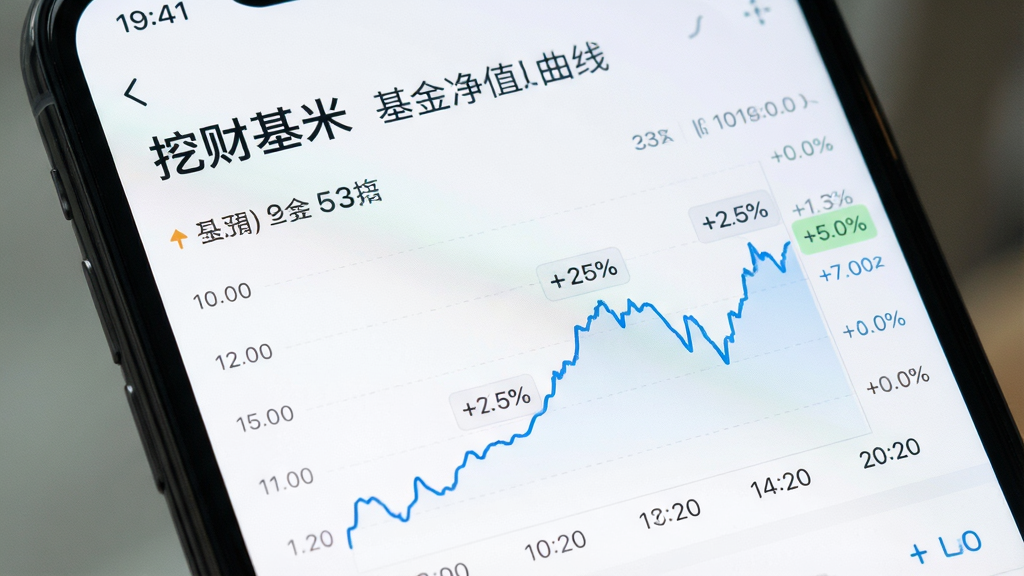 一张基金数据追踪界面特写图片,主体是手机屏幕显示挖财基米基金净值曲线图,布局为上方标题下方曲线,风格为清爽数据可视化风,细节包含时间轴刻度和百分比标注,画质高清干净无多余元素