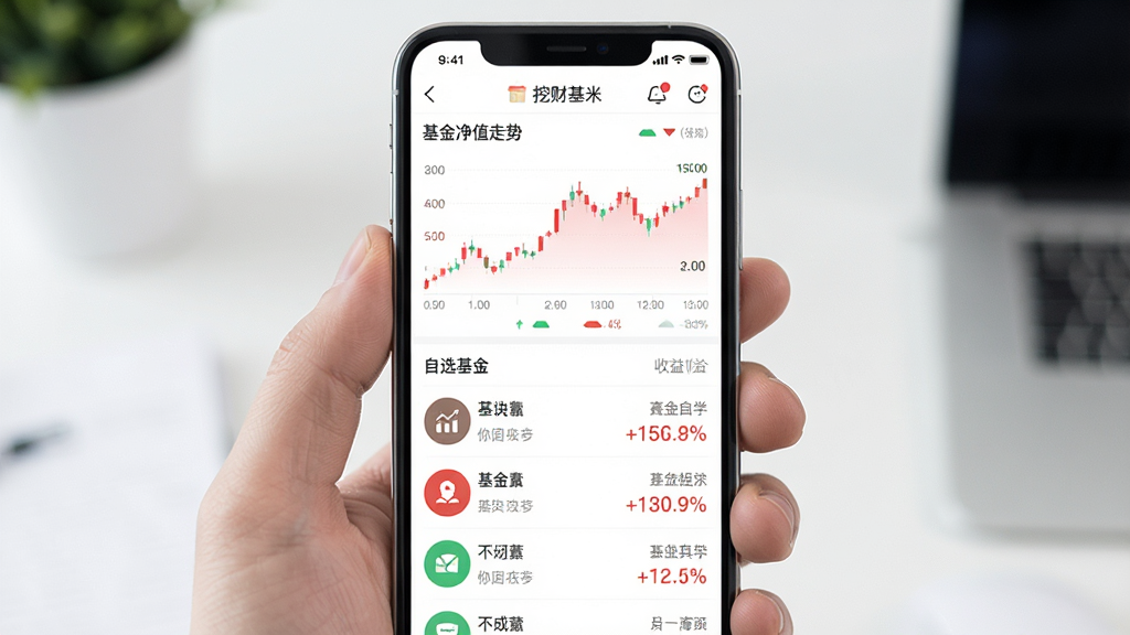 一张手机屏幕展示基金理财APP界面的图片,画面中央是挖财基米应用主界面,上方显示基金净值走势曲线图,下方排列自选基金列表和收益数字,整体布局简洁清晰,风格为现代扁平化科技风,细节上包含红绿涨跌配色和圆形图标,画质高清干净无多余元素