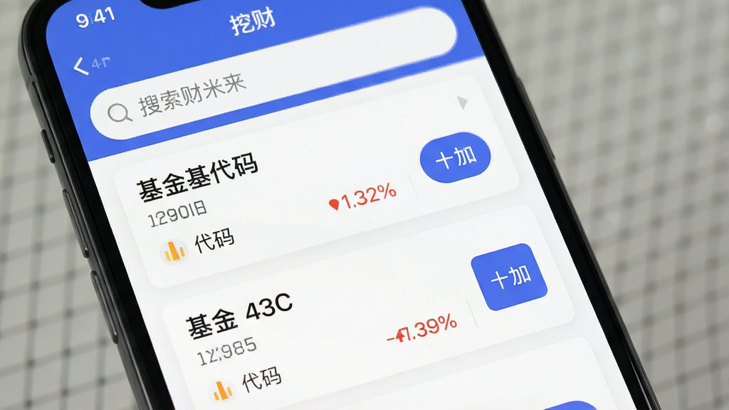 一张手机应用自选基金列表界面图片,画面展示挖财基米自选基金管理页面,布局为顶部搜索栏下方基金卡片列表,风格为简约卡片式设计,细节包含基金名称、代码、涨跌幅数字和添加按钮,画质清晰干净无多余元素