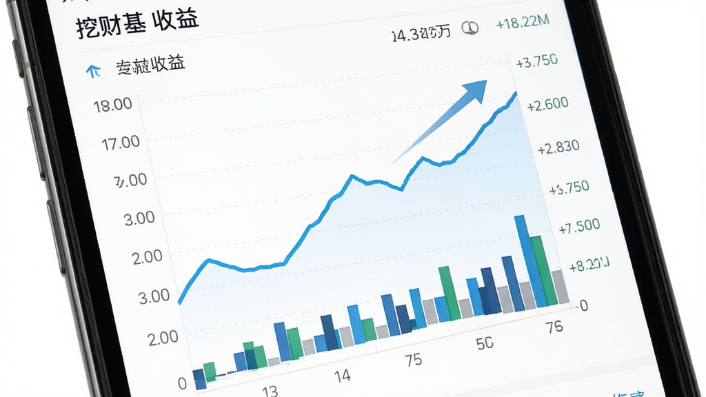 一张基金收益走势图表界面图片,主体为手机屏幕显示挖财基米收益折线图和柱状图,布局为图表居中上下留白,风格为现代金融数据风,细节包含坐标轴数值和趋势箭头,画质高清干净无多余元素