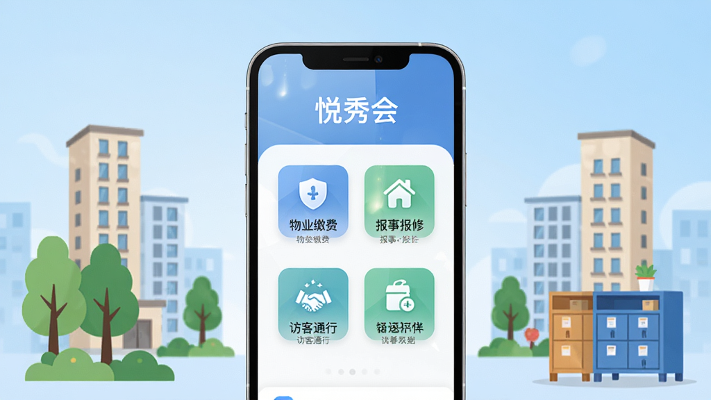 画面中央展示一部智能手机,手机屏幕上清晰显示“悦秀会”软件的主页界面,界面中包含物业缴费、报事报修、访客通行等功能图标,手机周围环绕着社区楼宇、绿树、快递柜等生活元素,整体布局采用中心对称构图,风格为现代扁平化科技风,细节上手机屏幕有轻微光影反射,背景为浅蓝色渐变,画质高清,干净整洁,无多余元素