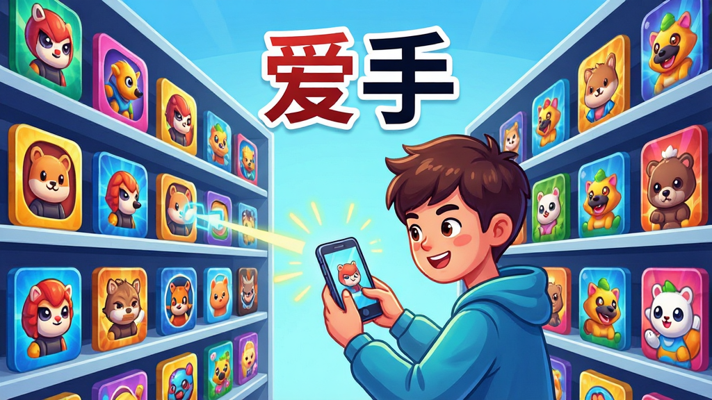 һ��AI���ɵĲ廭���ͼƬ������������һ���޴��������Ϸ����ܣ����������������Ÿ����ֻ���Ϸͼ��ͷ��棬һλ�������վ�ڻ���ǰ���ֻ�ɨ��ѡ����Ϸ�����������Ϸ���Ŀ��д�š����֡������֣����ֲ������ĶԳƹ�ͼ�����Ϊ�������õĿ�ͨ�廭�磬ϸ�ڰ�������ͷ׵���Ϸ���桢�����ѡ����Ч�����רע�ı��飬���ʸ��壬����ɾ���ˬ���޶���Ԫ��