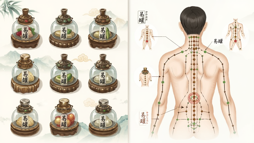 一张以中医罐疗为主题的插画,画面主体为排列整齐的玻璃罐与人体背部穴位示意,布局采用左右分栏,左侧为工具展示右侧为穴位图解,风格为清新国风插画,细节包含“易罐”字样、罐具纹理和经络线条,画质高清,干净,无多余元素