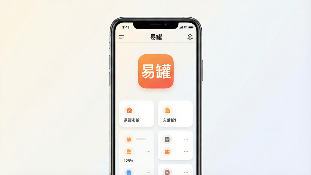 一张展示手机屏幕中易罐应用主界面的图片,画面中央为手机正视图,屏幕内显示“易罐”应用图标和简洁的功能模块布局,背景为干净浅色渐变,风格为现代扁平化UI展示,细节包含应用名称“易罐”、导航栏和内容卡片,画质高清,干净,无多余元素