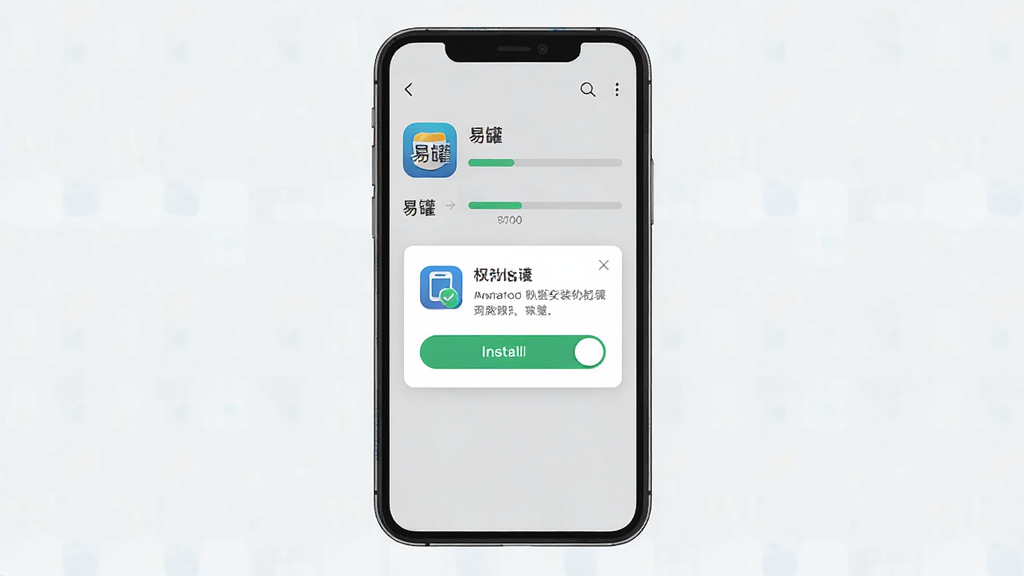 一张展示手机安装应用过程的示意图,画面主体为手机屏幕显示安装进度条与权限请求弹窗,布局为居中构图,风格为扁平化科技风,细节包含“易罐”应用图标、安装按钮和权限开关,画质高清,干净,无多余元素