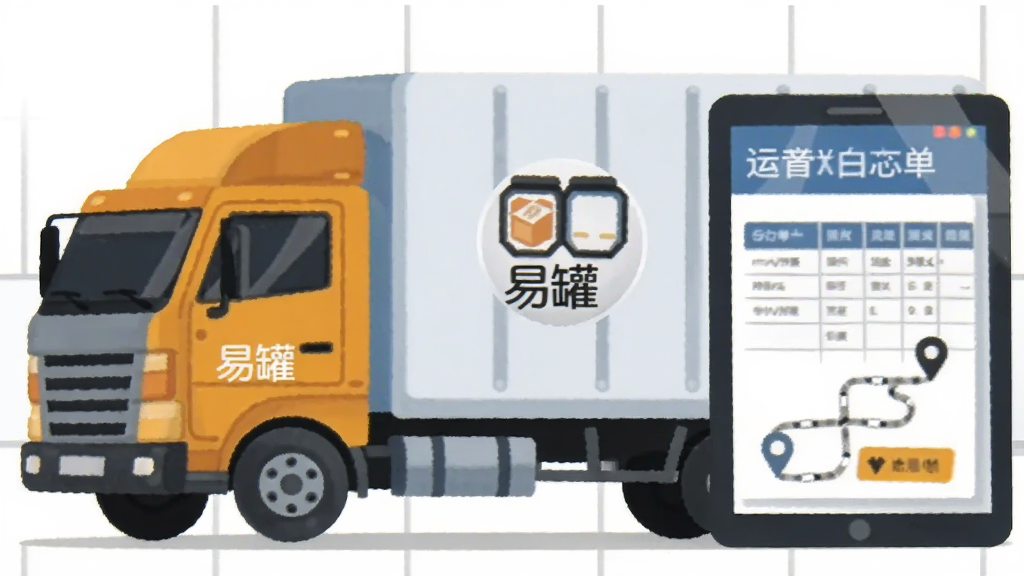 一张以物流运输为主题的扁平化插图,画面主体为货车与电子运单界面,布局为横向排列,风格为商务简约风,细节包含“易罐”标识、运单表格和路线图标,画质高清,干净,无多余元素
