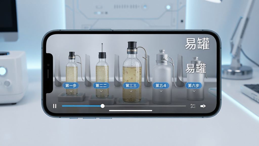 一张展示手机播放罐疗视频教程的图片,画面主体为手机横屏播放界面,布局为居中展示,风格为现代科技风,细节包含视频进度条、步骤标签“第一步”至“第六步”和“易罐”水印,画质高清,干净,无多余元素