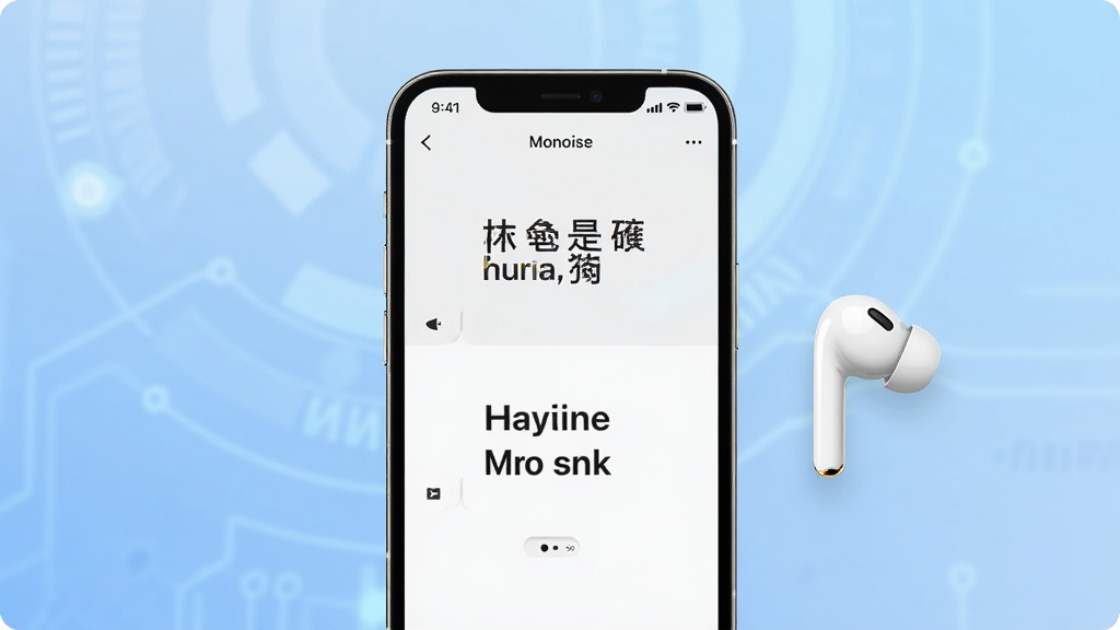 一张展示Monoise软件翻译功能界面的概念图,画面中一部手机屏幕显示实时翻译对话界面,上方是中文下方是英文,旁边有一只无线耳机,背景为柔和的蓝色科技感渐变,布局居中对称,风格现代简约,细节丰富,画质高清,干净无多余元素