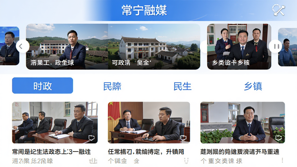 一款手机应用界面展示,标题为常宁融媒,页面顶部是轮播新闻图,下方是分类标签栏,包含时政、民生、乡镇等频道,每条新闻配有缩略图和标题文字,界面采用蓝色主题色,布局整齐清晰,扁平化UI设计风格,白色背景,画质高清,无多余装饰元素