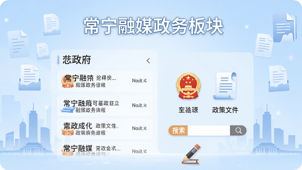 一幅政务信息发布平台的界面插图,标题为常宁融媒政务板块,画面中显示政府公告列表、政策文件图标和搜索框,背景为淡蓝色渐变,配有城市剪影和文件图标装饰,风格简洁正式,画质清晰,无多余元素