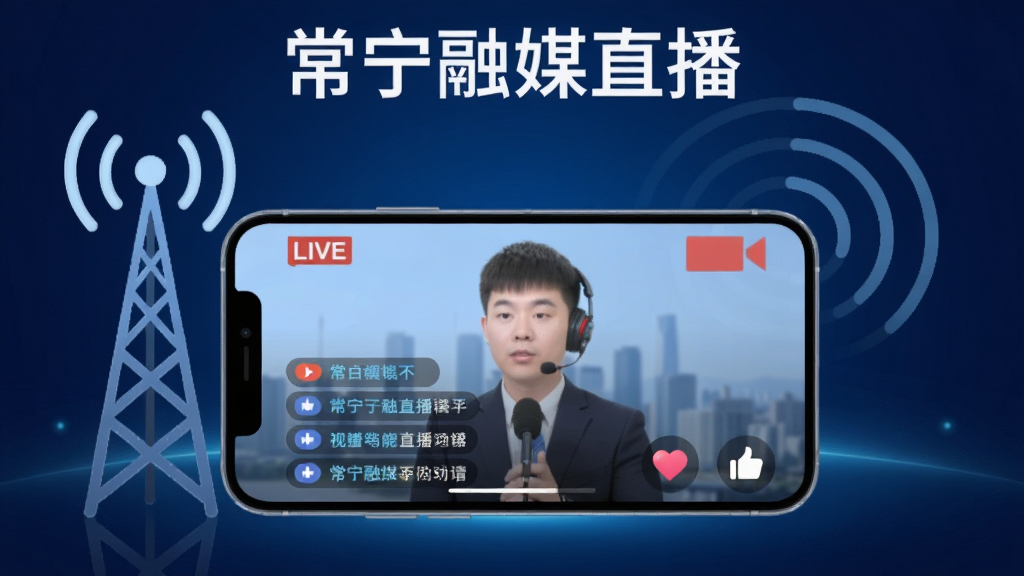 一幅展现视频直播功能的插图,标题为常宁融媒直播,画面中有一部手机横屏显示直播画面,屏幕下方有弹幕和点赞图标,周围有电视台信号塔和广播波纹元素,背景为深蓝色科技感渐变,风格现代简洁,画质清晰,无多余元素