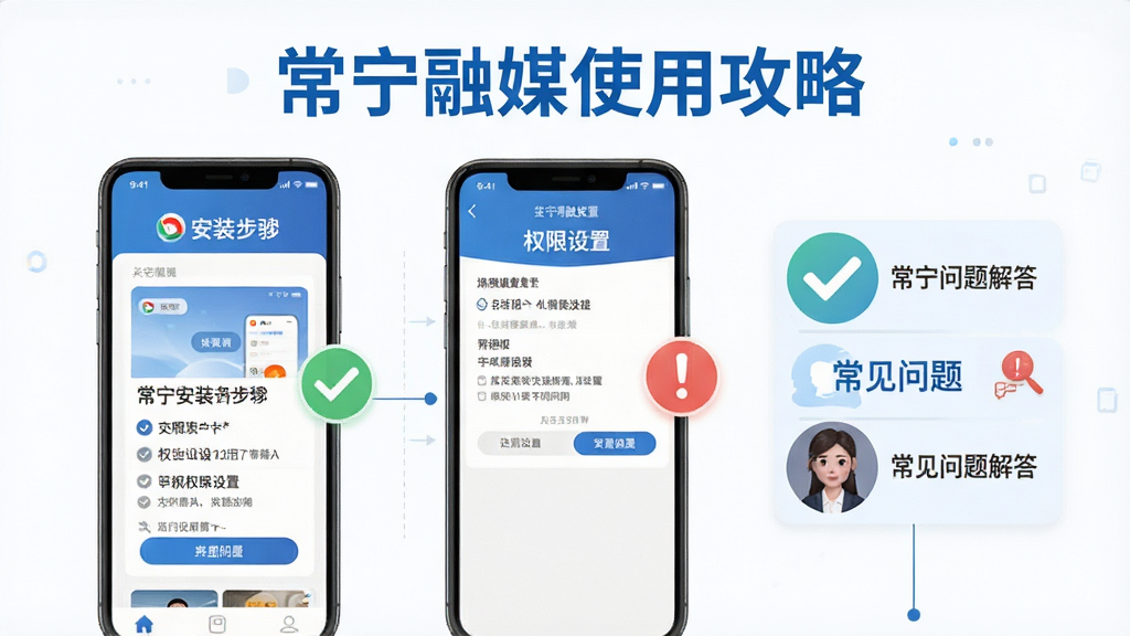 一幅手机应用使用教程的示意图,标题为常宁融媒使用攻略,画面中展示手机屏幕上的安装步骤、权限设置界面和常见问题解答图标,配有对勾和感叹号等提示符号,整体采用信息图表风格,配色以蓝白灰为主,布局清晰,画质干净,无多余元素