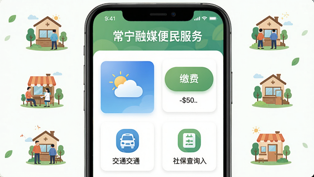 一幅展示便民生活服务功能的手机界面图,标题为常宁融媒便民服务,屏幕中显示天气图标、缴费按钮、交通图标和社保查询入口等,周围环绕着生活场景小图标,配色清新自然,扁平化插画风格,背景干净,画质高清