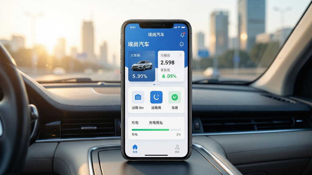 画面主体是一部智能手机,屏幕中清晰展示“埃尚汽车”App的UI界面,界面包含车辆状态卡片、远程控制按钮和充电进度条。手机放置在汽车中控台前方,背景是透过车窗看到的城市晨光。布局采用中心构图,手机占据画面视觉中心。排版上,手机界面元素整齐排列,留白适中。风格为现代科技感与生活化结合,细节上手机屏幕有轻微反光,车内外光线自然过渡。画质要求高清、干净、无多余元素,整体色调为蓝白与暖灰搭配。