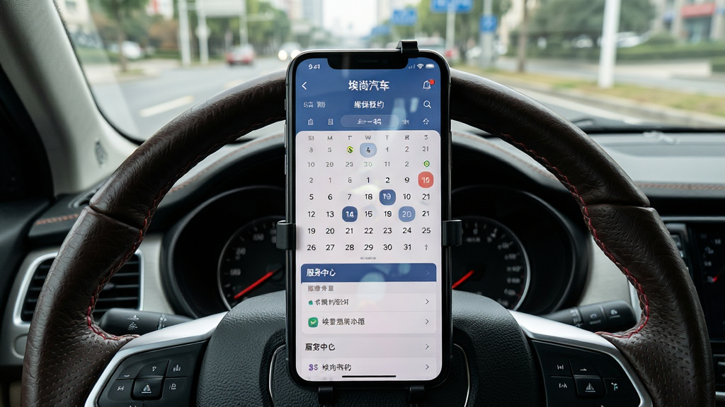 画面主体是“埃尚汽车”App的维保预约页面,显示日历选择与服务中心列表。手机被固定在汽车方向盘上,背景是透过前挡风玻璃看到的城市道路。布局采用第一人称驾驶视角。排版上手机界面与道路延伸线形成引导感。风格为日间行车纪实风,细节有方向盘缝线纹理和屏幕防眩光效果。画质高清、干净、无多余元素。
