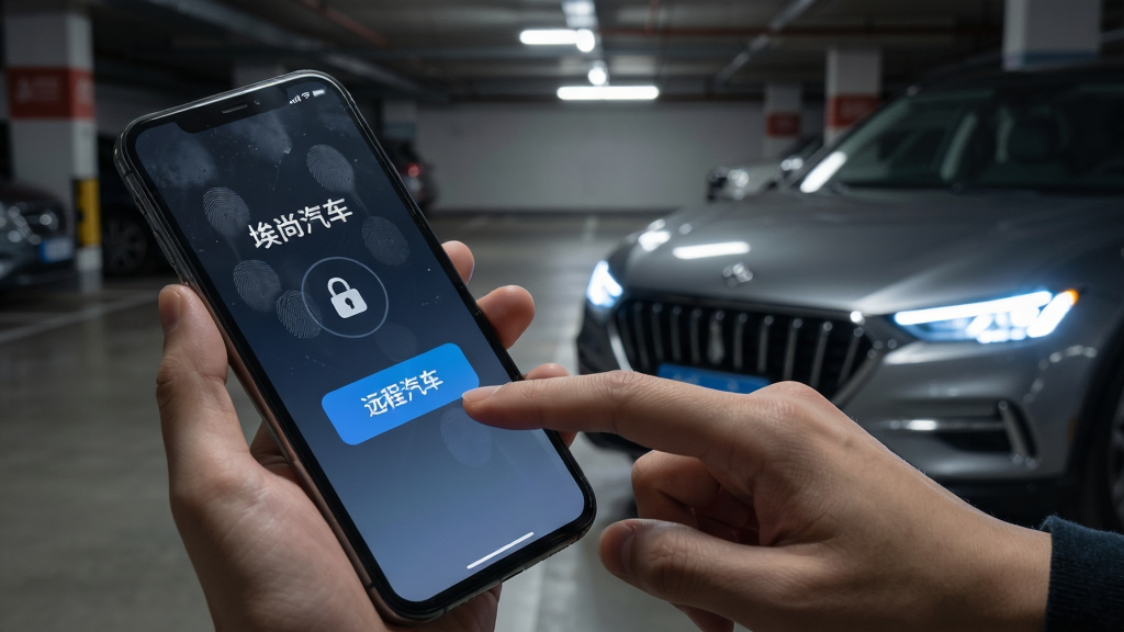 画面主体是用户手持手机,手指轻触“埃尚汽车”App上的远程解锁按钮,手机屏幕发出微弱蓝光。背景为地下停车场,车辆大灯同步闪烁示意解锁成功。布局采用侧视角度,突出人与车的互动。排版上手机屏幕与车辆形成对角线呼应。风格为写实科技风,细节包含手机屏幕的指纹痕迹、车辆金属漆面的环境反射。画质清晰、干净,无多余元素。