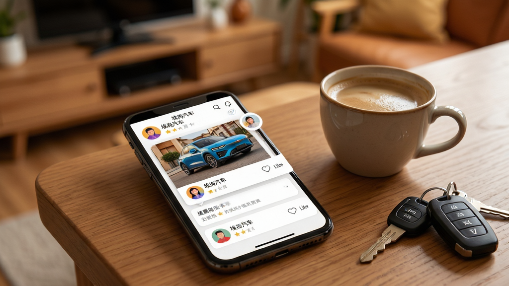 画面主体是手机屏幕显示“埃尚汽车”App社区界面,信息流中包含车辆照片、用户头像和点赞图标。手机旁放着一杯咖啡和车钥匙,背景是居家客厅的模糊暖色调。布局采用俯拍视角,手机与桌面物品形成生活化场景。排版上社区卡片错落有致。风格为温馨生活记录风,细节有屏幕色彩饱和度与桌面木纹质感。画质清晰、干净、无多余元素。