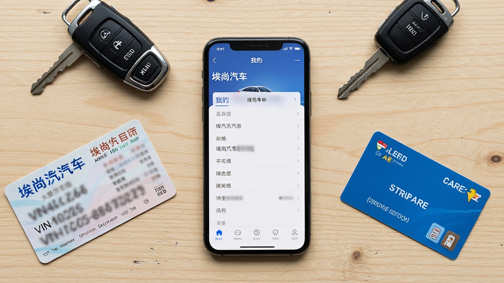 画面主体是手机屏幕显示“埃尚汽车”App的“我的”页面,旁边散落着车钥匙、行驶证和充电卡。背景为浅色木纹桌面。布局采用俯拍平铺,物品围绕手机呈放射状摆放。排版上手机屏幕信息清晰可见,其他物品作为辅助道具。风格为实用指南风,细节有行驶证上的VIN码区域被虚化处理以保护隐私。画质高清、干净、无多余元素。