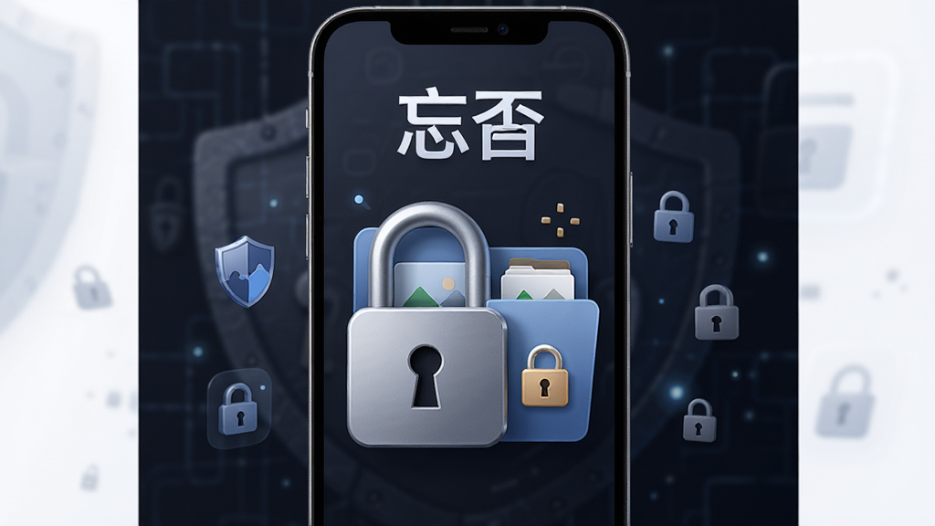 一幅强调“忘否”隐私保护功能的示意图,画面主体是手机屏幕中一把锁与图片文件夹结合,屏幕上方有“忘否”字样,背景为深色安全主题,布局居中,风格稳重,细节包括盾牌图标和加密符号,画质清晰,干净利落