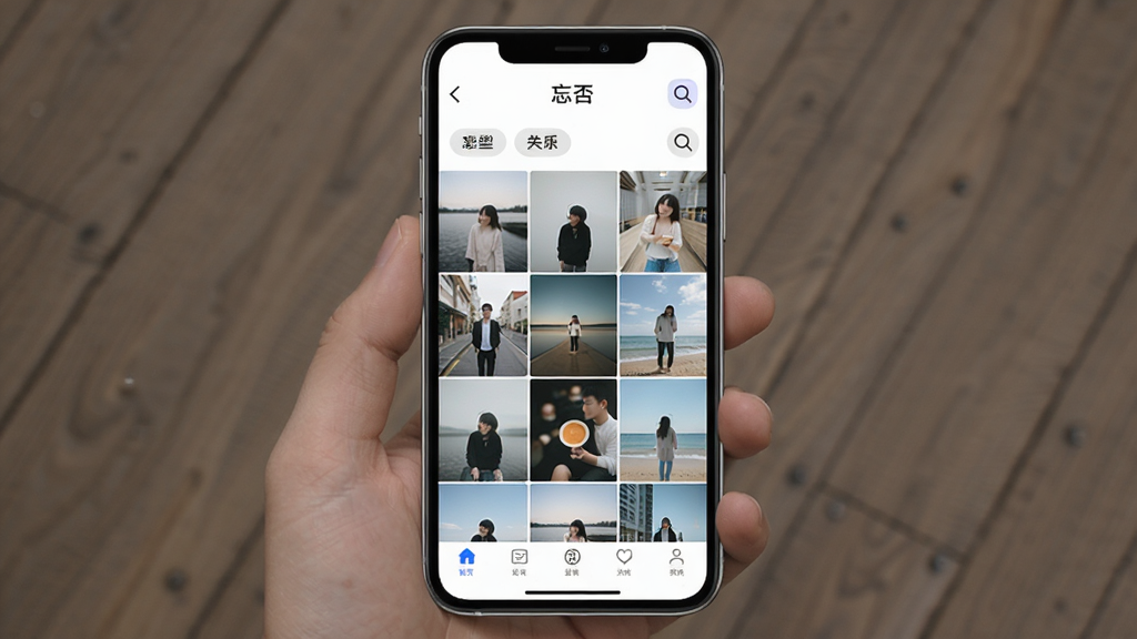 一张展示“忘否”软件主界面的手机截图风格图片,画面中央是清晰的图片网格浏览区,顶部有软件名称“忘否”字样,底部有简洁的导航栏,整体配色清爽,风格现代简约,细节包括图片缩略图、分类标签和搜索图标,画质干净,无多余元素,适合作为软件下载页预览图