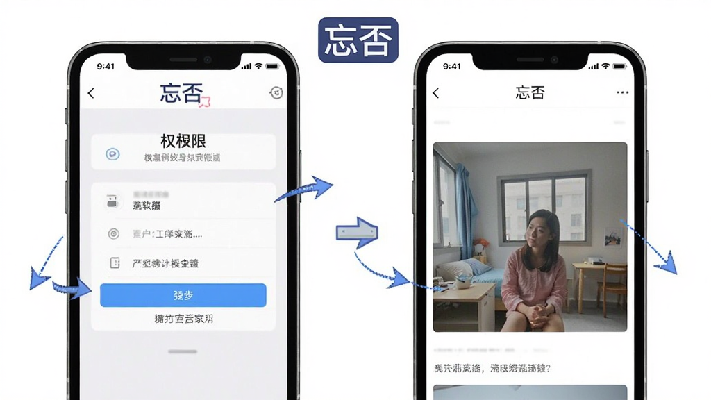 一张“忘否”软件使用教程示意图,画面中手机屏幕显示权限设置界面与图片浏览界面并列,屏幕上方有“忘否”标志,布局分步展示,风格教学化,细节包括箭头指引和文字说明,画质清晰,干净无杂乱