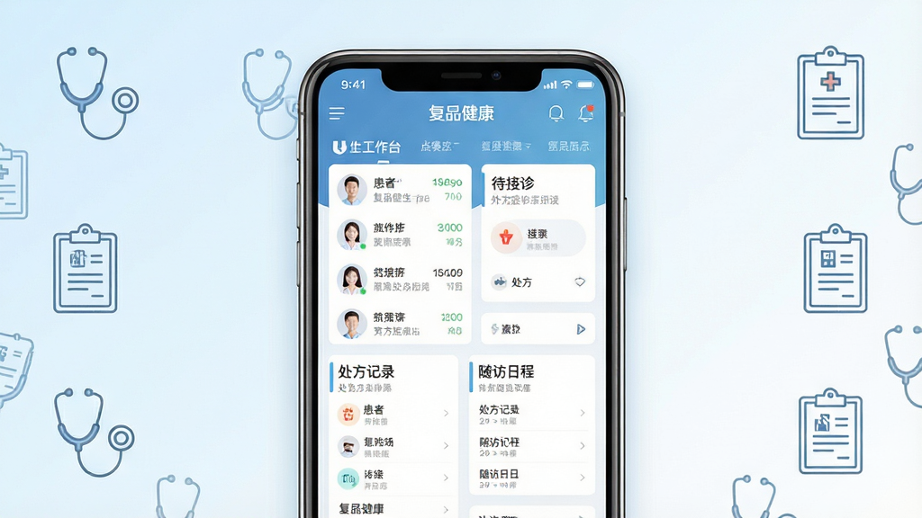 一张展现复星健康医生端手机应用界面的整体预览图,画面中央是一部竖屏智能手机,屏幕内展示医生工作台首页,包含患者列表、待接诊卡片、处方记录与随访日程等模块,背景为干净的浅蓝白渐变医疗风格,四周点缀听诊器与病历夹的简约线条图标,整体布局居中对称,风格现代专业,细节清晰,画质高清,干净,无多余元素