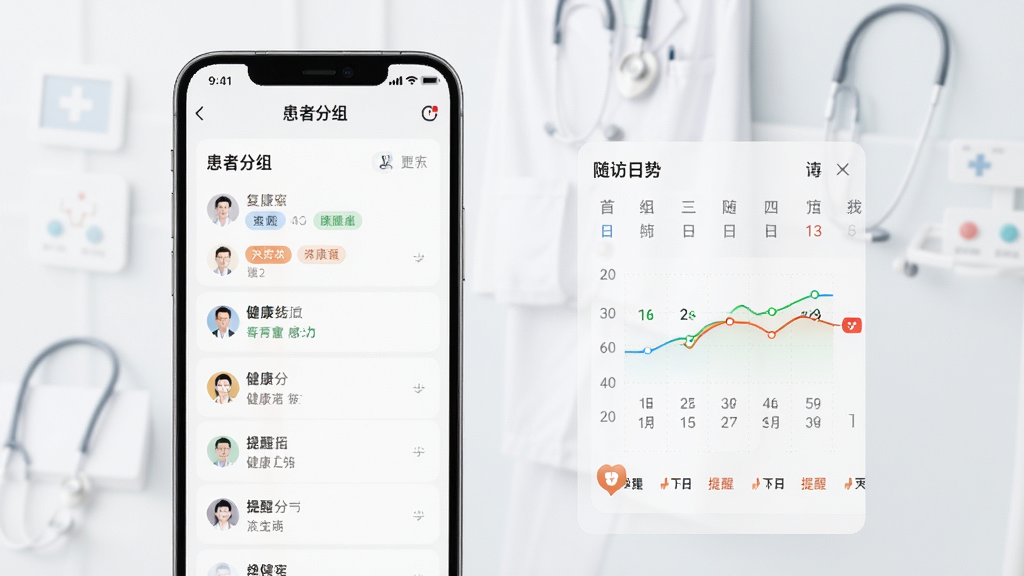 复星健康医生端患者管理界面展示图,画面中手机屏幕显示患者分组列表与随访日历,包含标签分类、健康趋势曲线与提醒图标,背景为浅灰白医疗风格,布局整齐,画质清晰,干净,无多余元素