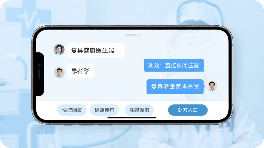 复星健康医生端在线问诊功能展示图,画面中一部手机横置,屏幕显示图文对话界面,左侧为患者提问气泡,右侧为医生回复气泡,下方有快捷回复按钮与处方入口,背景为柔和医疗蓝,风格简洁清晰,画质干净,无多余元素