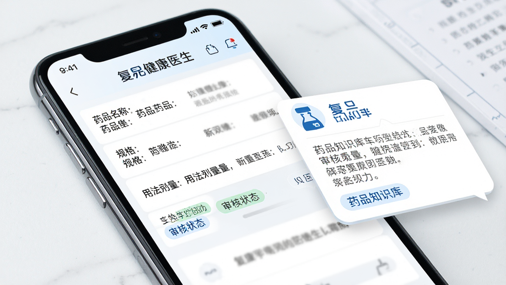 复星健康医生端电子处方界面展示图,画面中手机屏幕显示处方开具页面,包含药品名称、规格、用法用量与审核状态标签,右侧有药品知识库提示浮层,整体风格严谨专业,配色以白色与蓝色为主,画质高清,干净,无多余元素