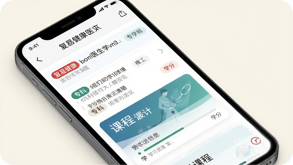 复星健康医生端学术资讯页面展示图,画面中手机屏幕显示医学资讯列表与课程卡片,包含专科标签、学习进度条与学分标识,背景为淡雅米白色,风格知性简洁,画质高清,干净,无多余元素