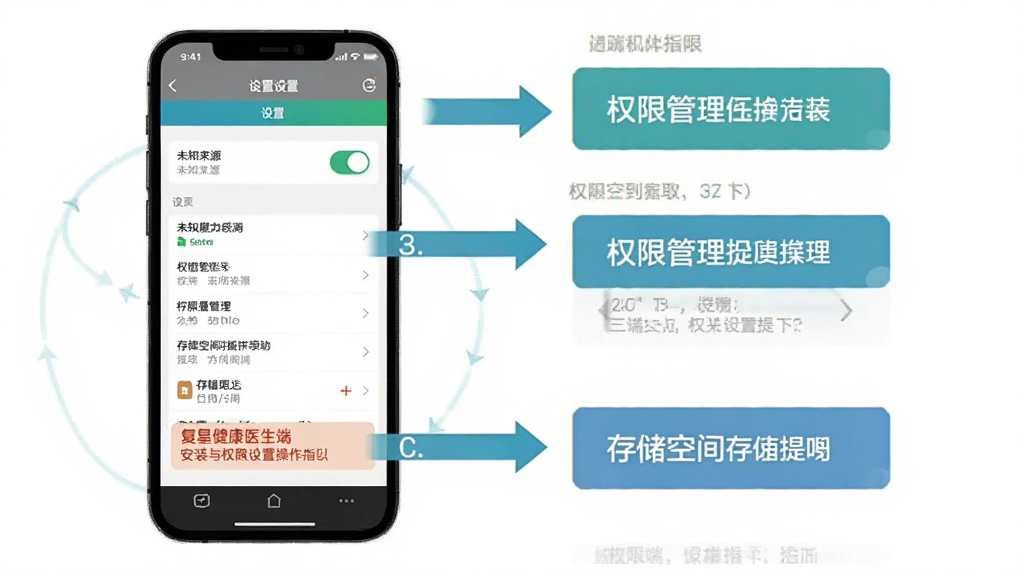 复星健康医生端安装与权限设置操作指引图,画面中一部手机显示设置页面,包含未知来源开关、权限管理列表与存储空间提示,旁边有箭头标注操作步骤,风格扁平化教程风,配色清晰,画质干净,无多余元素