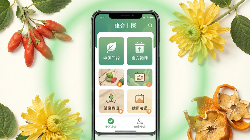 画面主体为一款智能手机,手机屏幕中显示“康合上医”APP的首页界面,界面包含中医问诊、膏方调理、健康资讯等模块图标,背景为淡雅的中医草本元素如枸杞、菊花、陈皮等,布局居中,排版清晰,风格为现代简约医疗风,细节上手机周围环绕着柔和的绿色光晕,画质高清,画面干净,无多余元素
