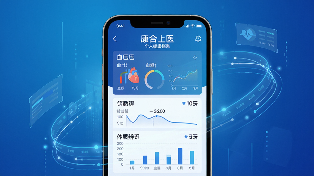 画面主体为一部手机屏幕显示“康合上医”的个人健康档案界面,界面中包含血压、血糖、体质辨识等数据图表,背景为科技感十足的蓝色渐变,布局为手机位于画面中央,周围环绕着数据线条,排版现代,风格为科技医疗风,细节上图表清晰,画质高清,画面干净,无多余元素