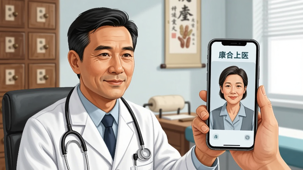 画面主体为一位穿着白大褂的中医医师正通过手机与患者进行视频问诊,手机屏幕上方显示“康合上医”字样,背景为干净整洁的中医诊室,有中药柜和脉枕等元素,布局为医师位于画面左侧,手机位于右侧,排版平衡,风格为写实医疗插画风,细节上医师表情温和,画质清晰,画面干净,无多余元素