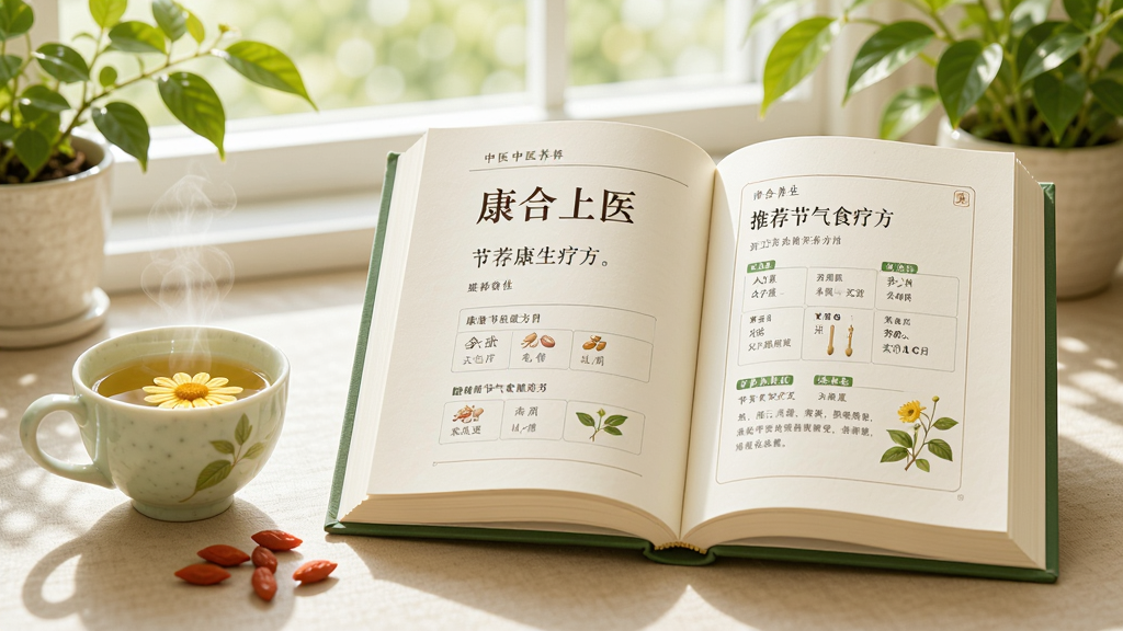 画面主体为一本展开的中医养生书籍,书页上显示“康合上医”推荐的节气食疗方,旁边放着一杯冒着热气的菊花茶和几颗枸杞,背景为窗边的绿植,布局为书籍居中,茶杯位于左侧,排版自然,风格为清新文艺风,细节上阳光透过窗户洒在桌面上,画质细腻,画面干净,无多余元素