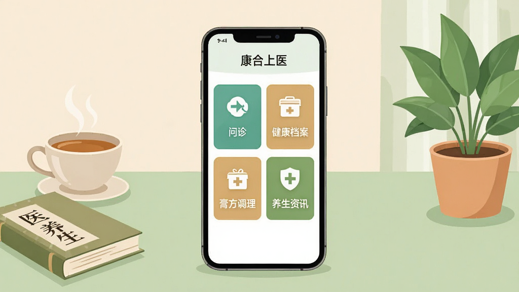 画面中央放置一部智能手机,手机屏幕上展示“康合上医”应用首页界面,界面中有问诊入口、健康档案、膏方调理、养生资讯四个主要功能卡片。背景为浅米色与淡绿色搭配的居家健康场景,左侧摆放一杯热茶和一本中医养生书籍,右侧有一盆绿植。整体采用干净清爽的扁平化插画风格,布局居中对称,细节简洁,画质清晰,无多余元素。