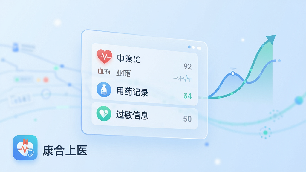 画面主体为一块悬浮的半透明健康档案面板,面板上用简洁图标展示心率、血压、用药记录、过敏信息等条目,面板右侧连接一条向上延伸的数据曲线。背景是柔和的淡蓝色渐变,左下角放置“康合上医”应用图标。整体风格为现代科技感扁平插画,布局清晰,细节干净,画质高清,无冗余装饰。