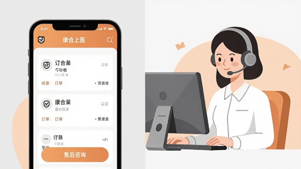 画面采用左右分栏布局,左侧为手机界面展示“康合上医”订单列表与售后咨询按钮,右侧为一位客服人员佩戴耳机坐在电脑前的简约插画形象。背景为浅灰色与淡橙色搭配,整体风格温和专业,细节简洁,画质清晰,无多余元素。