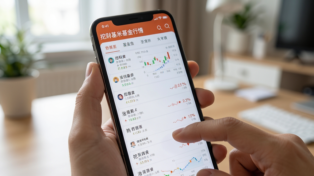 主体为一只手持手机查看挖财基米基金行情页面,屏幕中显示多只基金涨跌数据列表,布局为手机屏幕占据画面中心,背景虚化为居家或办公环境,风格为真实生活场景摄影风格,细节包括手指触控屏幕、数据图表清晰,画质高清干净无多余元素