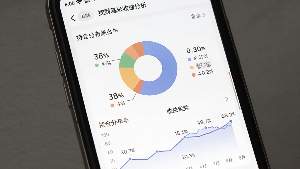 主体为手机屏幕显示挖财基米收益分析图表页面,包含饼图和折线图展示持仓分布与收益走势,布局为图表居中、数据标签环绕,风格为简洁数据可视化风格,细节包括数字清晰、配色柔和,画质高清干净无多余元素
